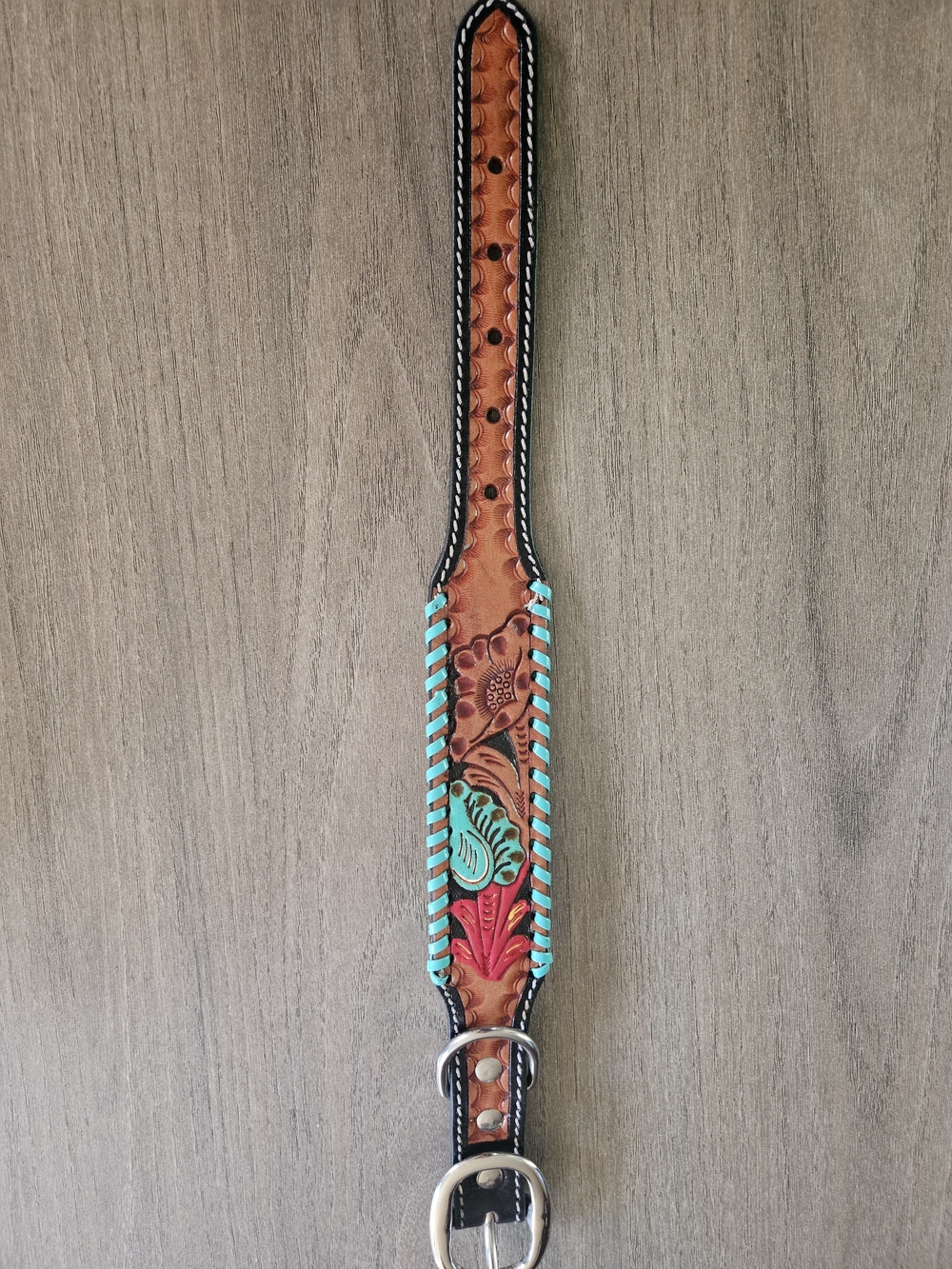 Hand-Tooled Leather 16" Dog Collar with Turquoise Stitching and Floral Accents